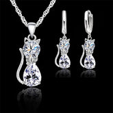 925 Sterling Silver Cat Jewelry Set – Crystal Necklace & Huggie Earrings for Women