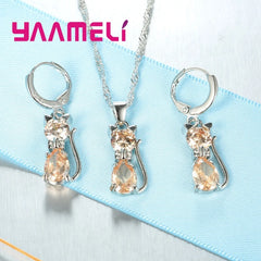 925 Sterling Silver Cat Jewelry Set – Crystal Necklace & Huggie Earrings for Women