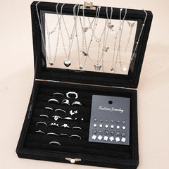 51-Piece Silver Jewelry Set – Butterfly Heart Pearl Necklace, Earrings & Rings for Women