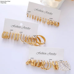 Vintage Geometric Hoop Earrings Set – Pearl Gold Boho Jewelry for Women