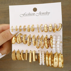 Vintage Geometric Hoop Earrings Set – Pearl Gold Boho Jewelry for Women