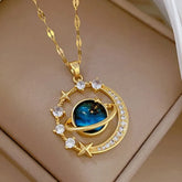 Light Luxury Star Series Necklace for Women – Gold Planet Moon Astronaut Pendant, Titanium Steel Jewelry Gift