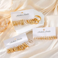 Vintage Geometric Hoop Earrings Set – Pearl Gold Boho Jewelry for Women