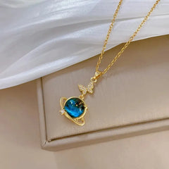 Light Luxury Star Series Necklace for Women – Gold Planet Moon Astronaut Pendant, Titanium Steel Jewelry Gift