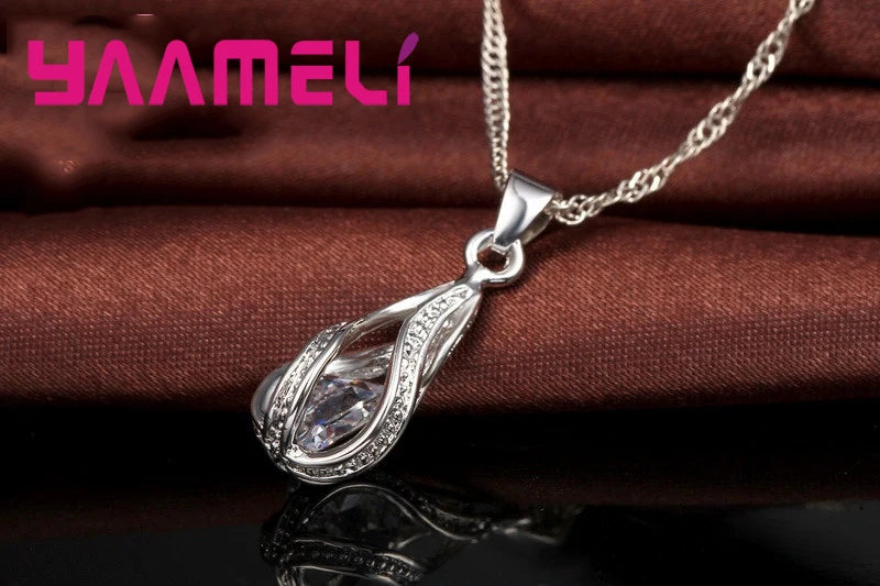 925 Silver Teardrop CZ Jewelry Set – Elegant Necklace & Hoop Earrings for Women