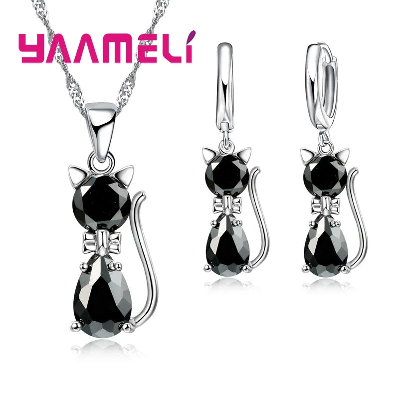 925 Sterling Silver Cat Jewelry Set – Crystal Necklace & Huggie Earrings for Women