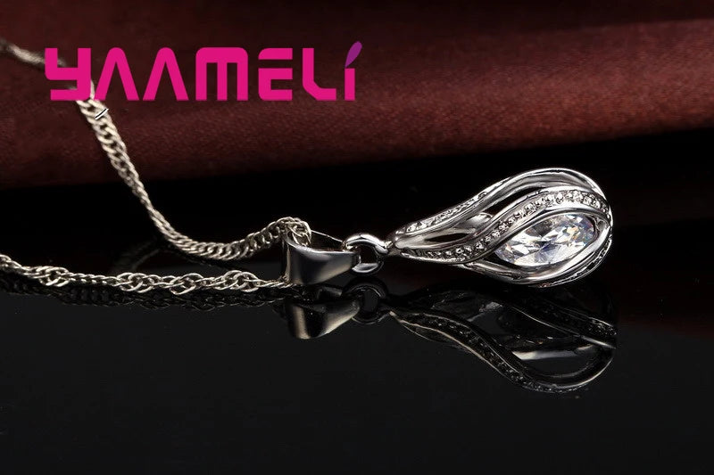 925 Silver Teardrop CZ Jewelry Set – Elegant Necklace & Hoop Earrings for Women