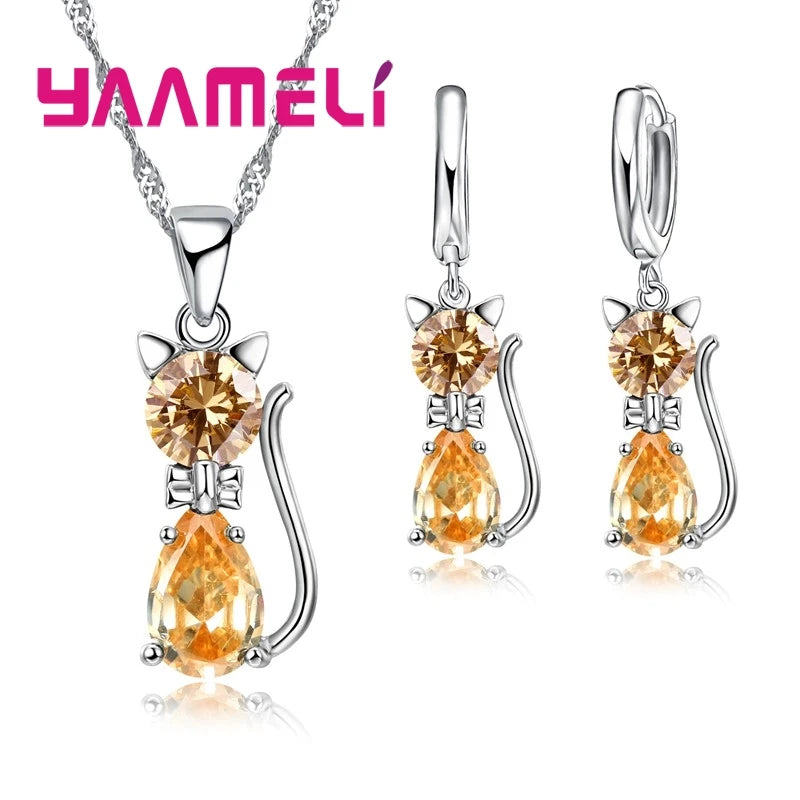 925 Sterling Silver Cat Jewelry Set – Crystal Necklace & Huggie Earrings for Women