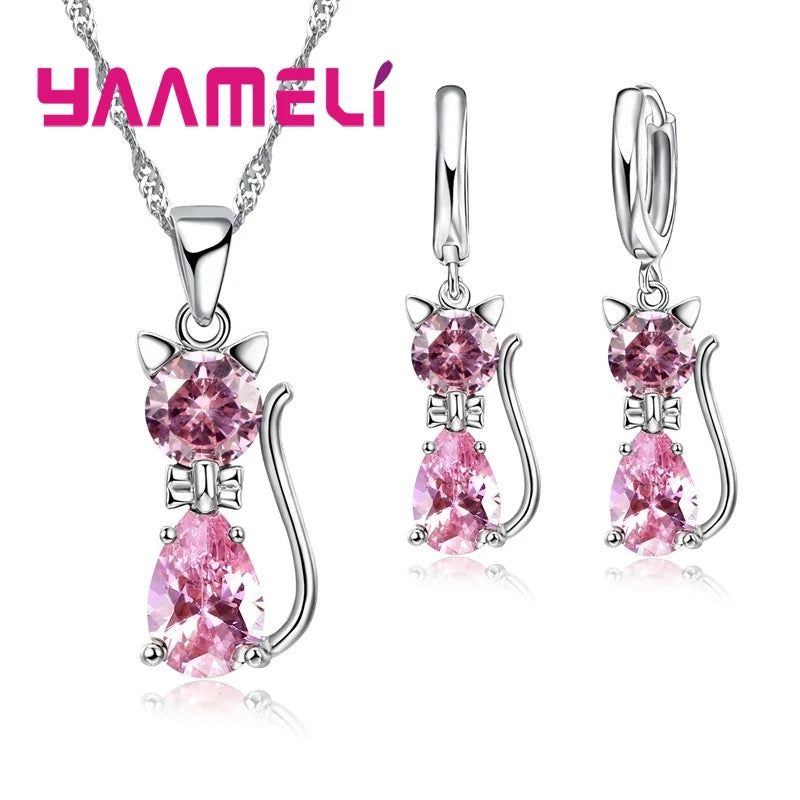 925 Sterling Silver Cat Jewelry Set – Crystal Necklace & Huggie Earrings for Women