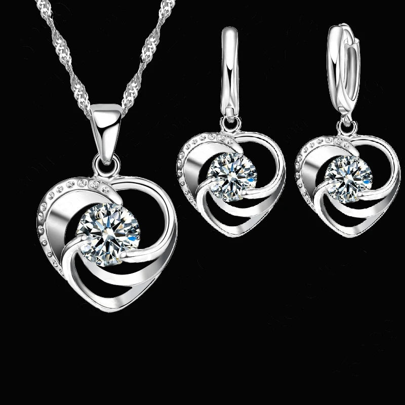 925 Sterling Silver Heart Jewelry Set – Romantic Long Chain Necklace & Earrings for Women