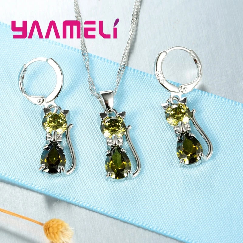 925 Sterling Silver Cat Jewelry Set – Crystal Necklace & Huggie Earrings for Women