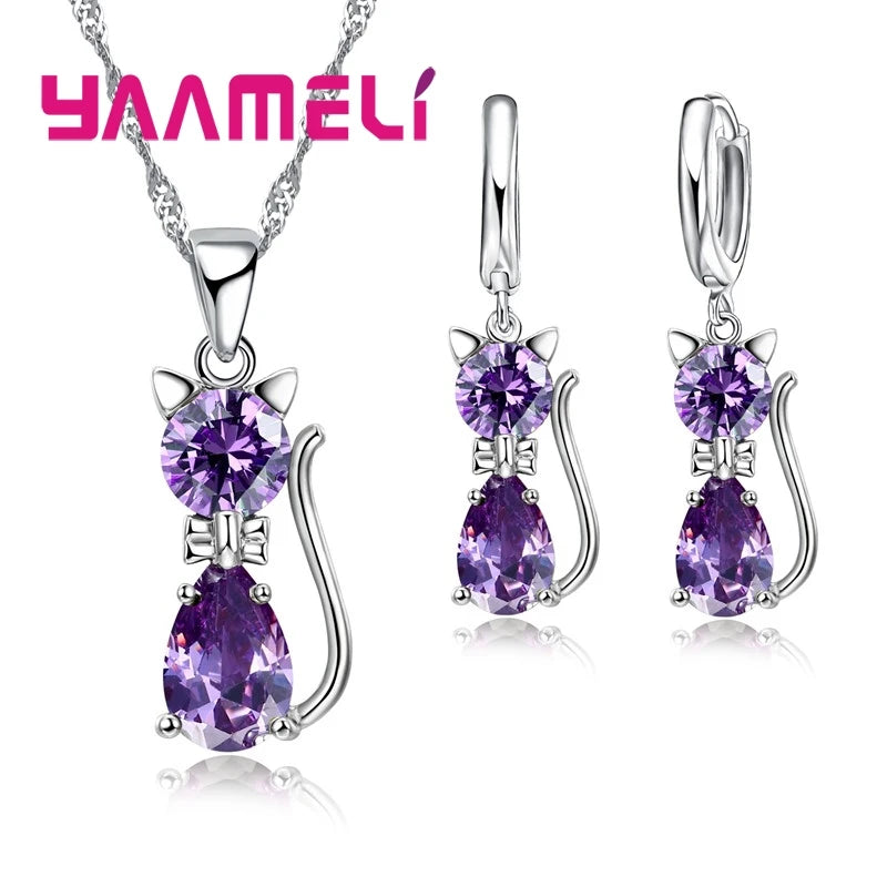 925 Sterling Silver Cat Jewelry Set – Crystal Necklace & Huggie Earrings for Women