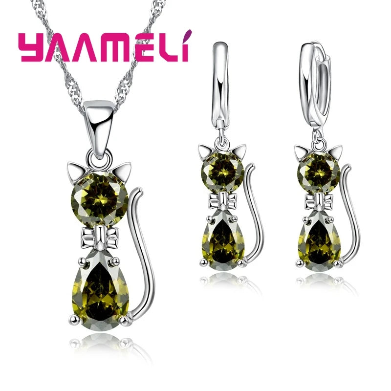 925 Sterling Silver Cat Jewelry Set – Crystal Necklace & Huggie Earrings for Women