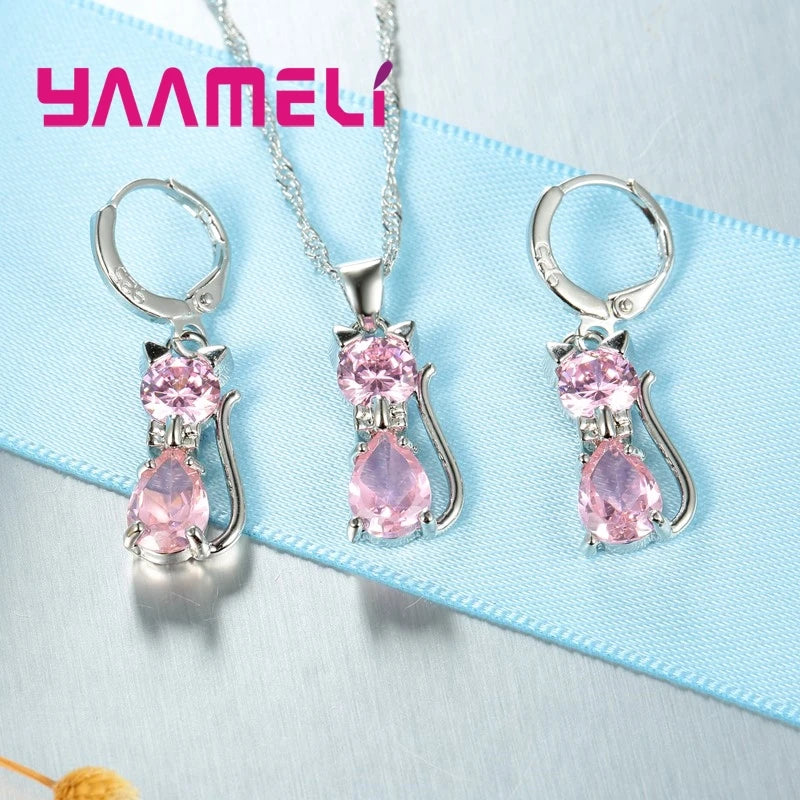 925 Sterling Silver Cat Jewelry Set – Crystal Necklace & Huggie Earrings for Women