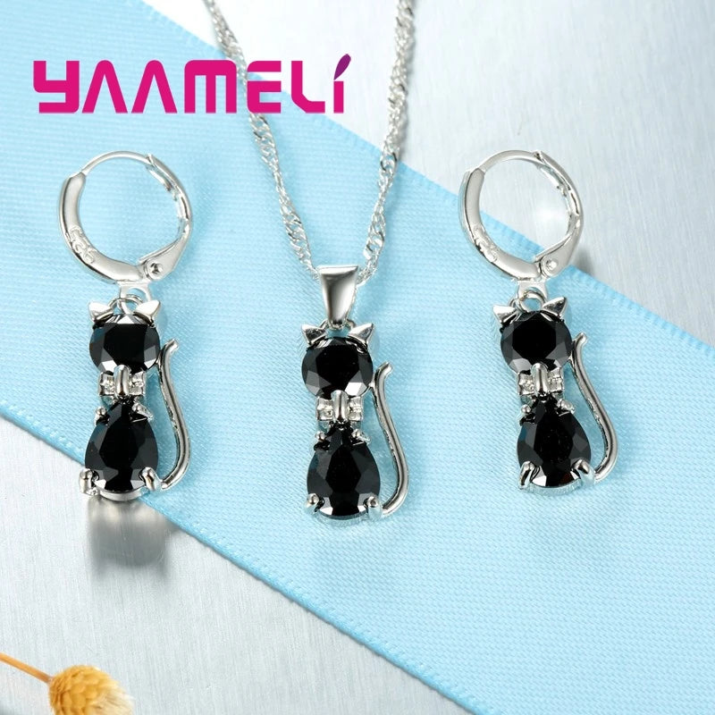 925 Sterling Silver Cat Jewelry Set – Crystal Necklace & Huggie Earrings for Women