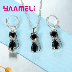 925 Sterling Silver Cat Jewelry Set – Crystal Necklace & Huggie Earrings for Women