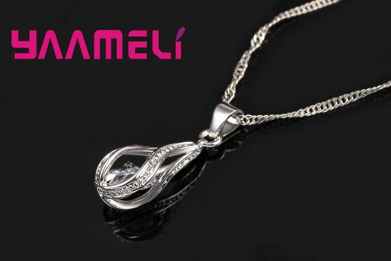 925 Silver Teardrop CZ Jewelry Set – Elegant Necklace & Hoop Earrings for Women
