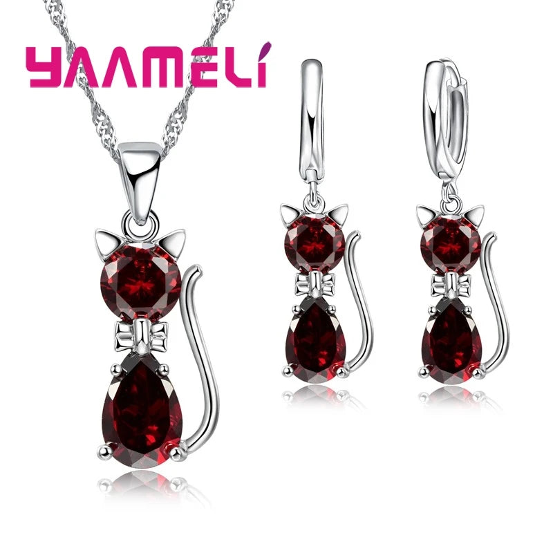 925 Sterling Silver Cat Jewelry Set – Crystal Necklace & Huggie Earrings for Women