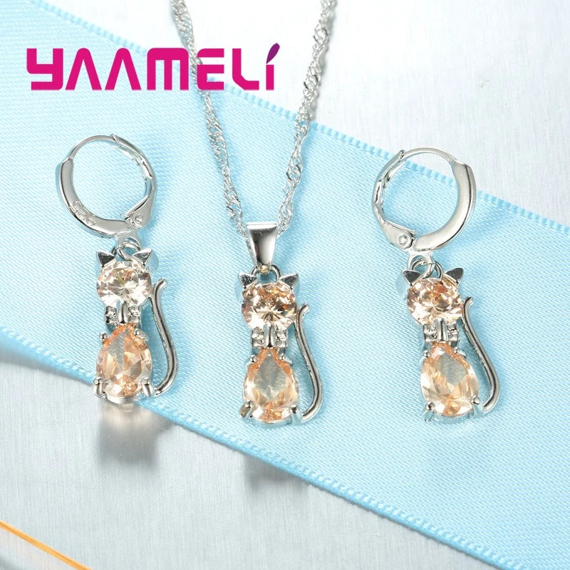 925 Sterling Silver Cat Jewelry Set – Crystal Necklace & Huggie Earrings for Women