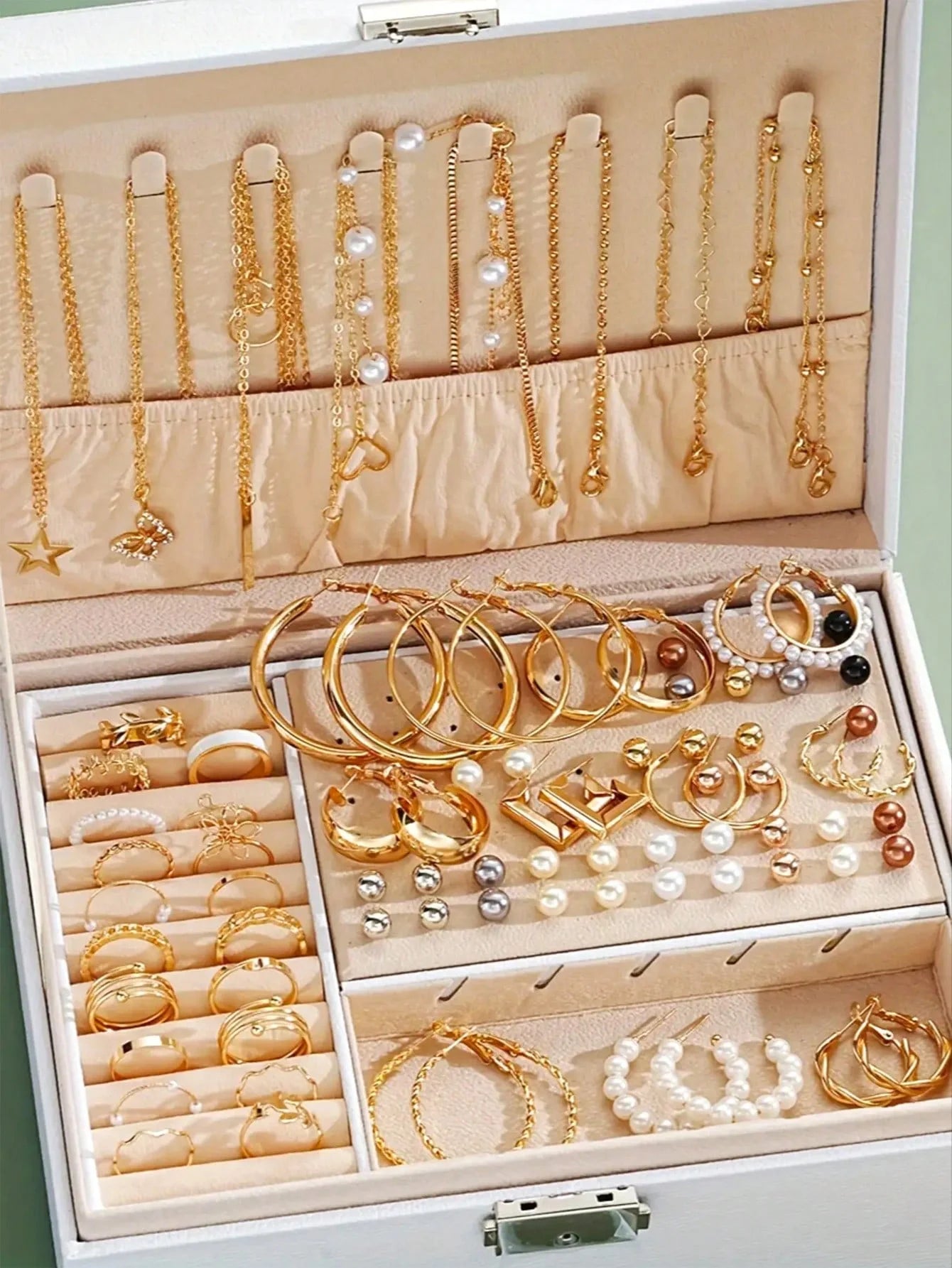 Luxury Pearl 4-in-1 Jewelry Set – Multi-Layer Necklace, Earrings & Rings for Women (No Box)