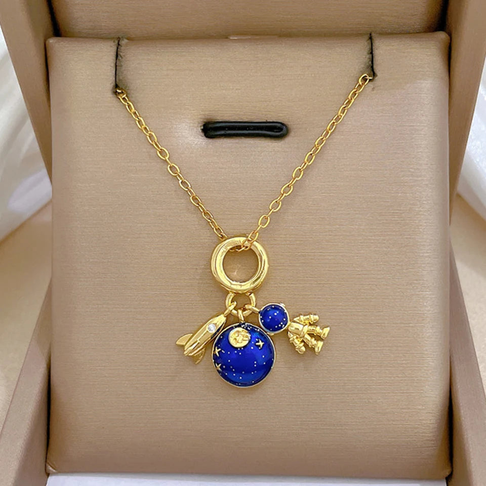 Light Luxury Star Series Necklace for Women – Gold Planet Moon Astronaut Pendant, Titanium Steel Jewelry Gift