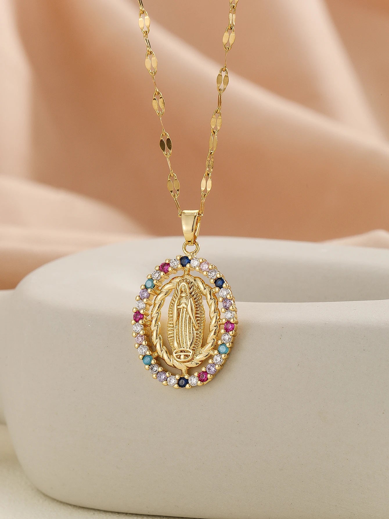 Luxury Zircon Santa Maria Necklace – Colorful Religious Pendant Jewelry