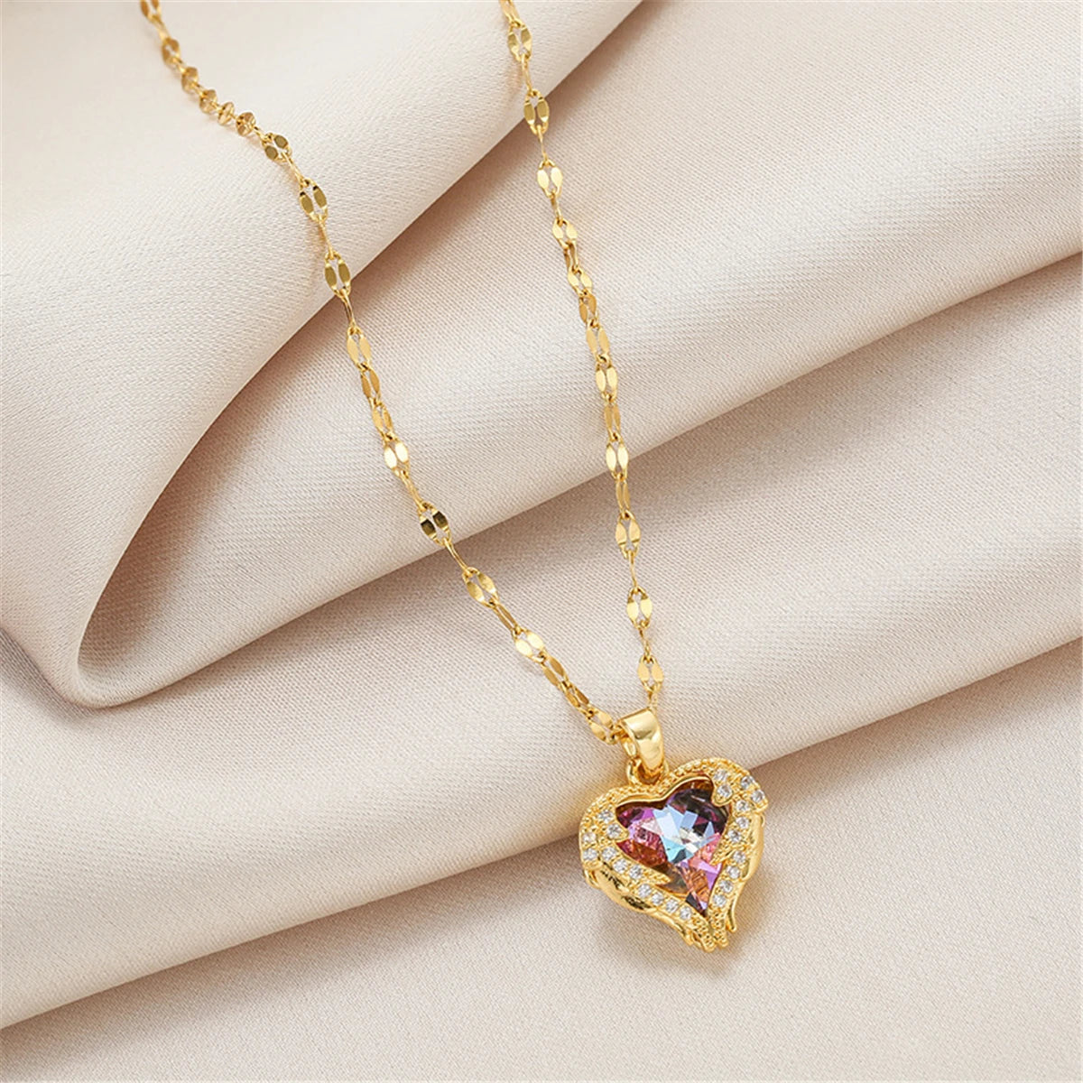 Ocean Heart Crystal Necklace for Women – Colorful Pendant, 316L Stainless Steel