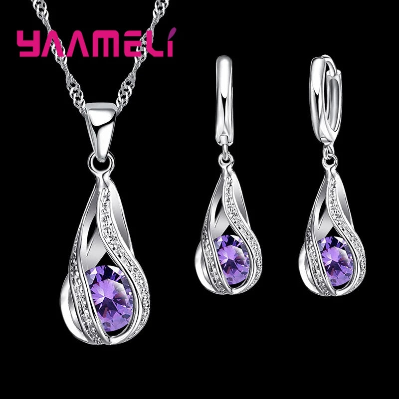 925 Silver Teardrop CZ Jewelry Set – Elegant Necklace & Hoop Earrings for Women