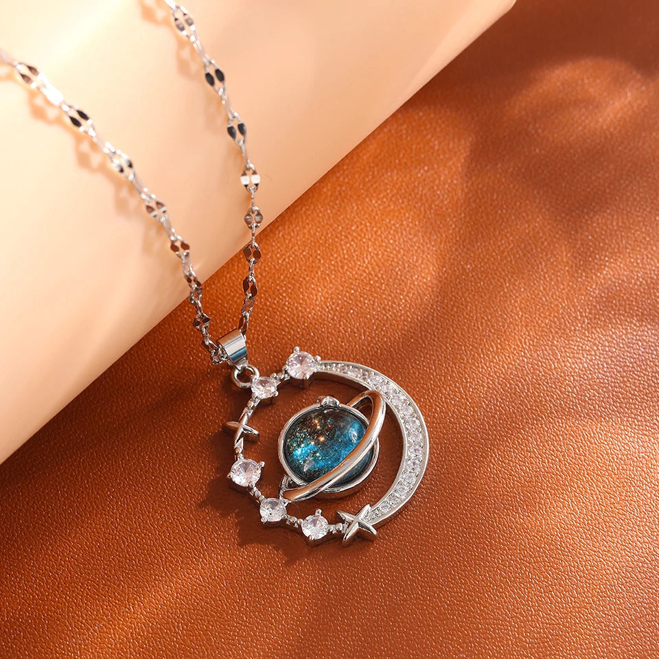 Light Luxury Star Series Necklace for Women – Gold Planet Moon Astronaut Pendant, Titanium Steel Jewelry Gift