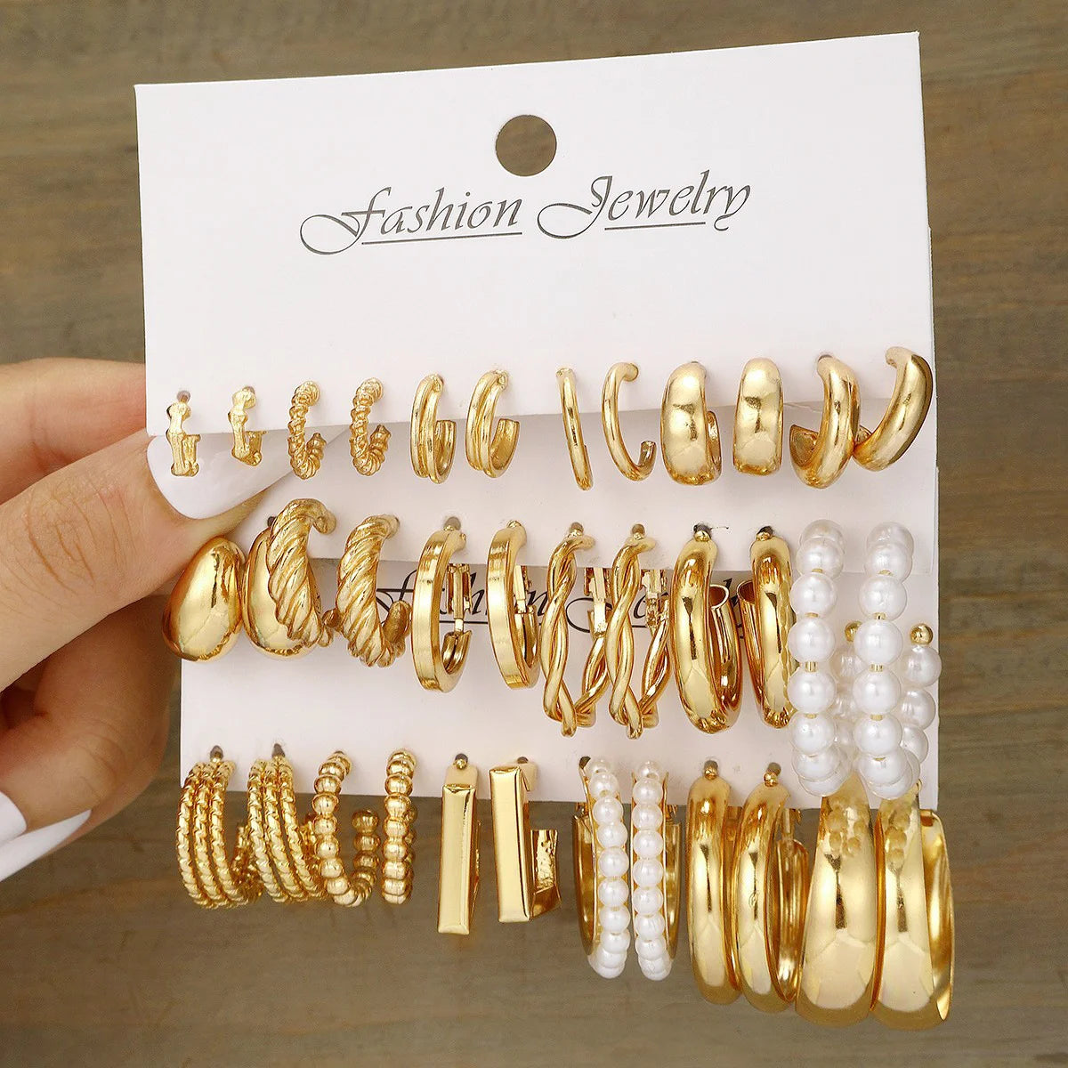 Vintage Geometric Hoop Earrings Set – Pearl Gold Boho Jewelry for Women