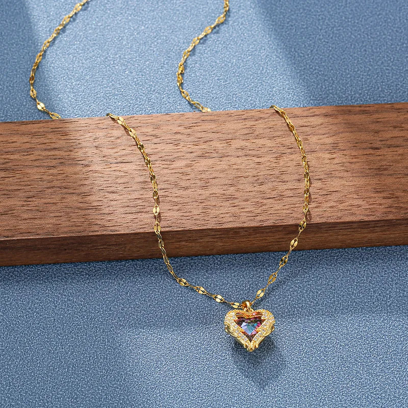 Ocean Heart Crystal Necklace for Women – Colorful Pendant, 316L Stainless Steel