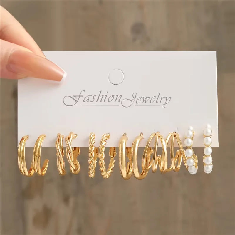 Vintage Geometric Hoop Earrings Set – Pearl Gold Boho Jewelry for Women