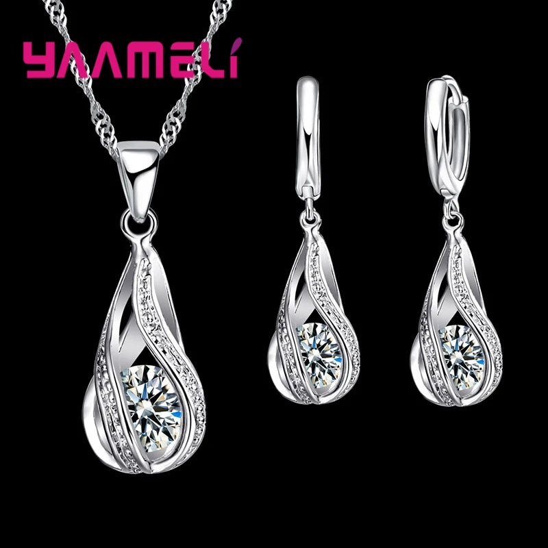 925 Silver Teardrop CZ Jewelry Set – Elegant Necklace & Hoop Earrings for Women