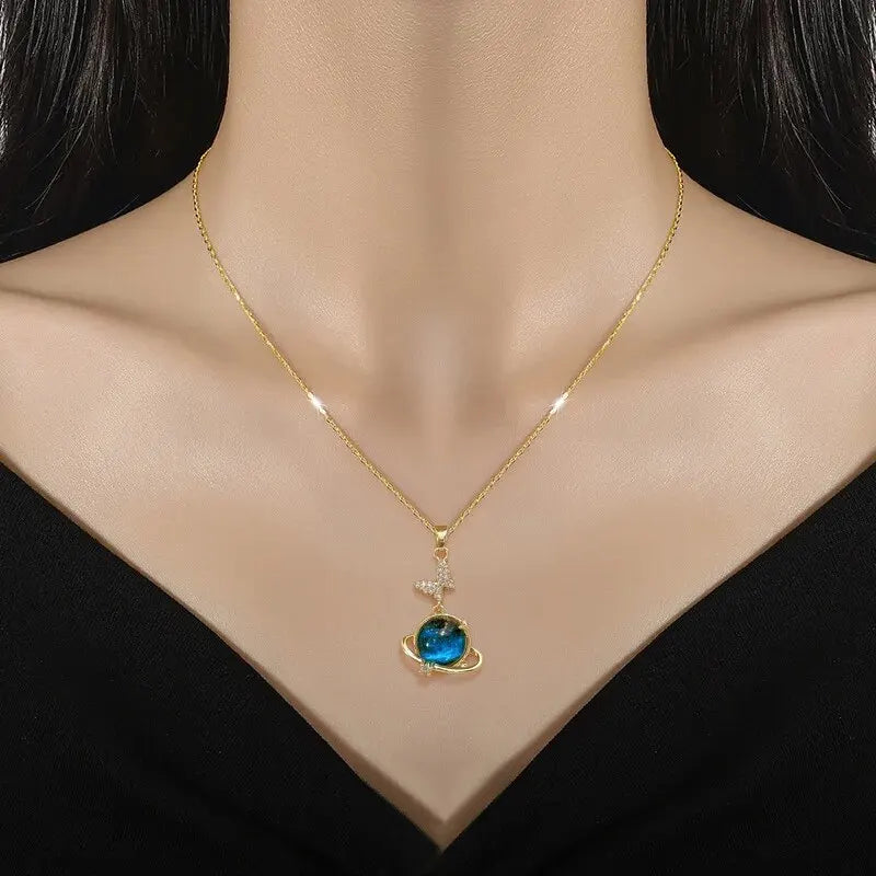 Light Luxury Star Series Necklace for Women – Gold Planet Moon Astronaut Pendant, Titanium Steel Jewelry Gift