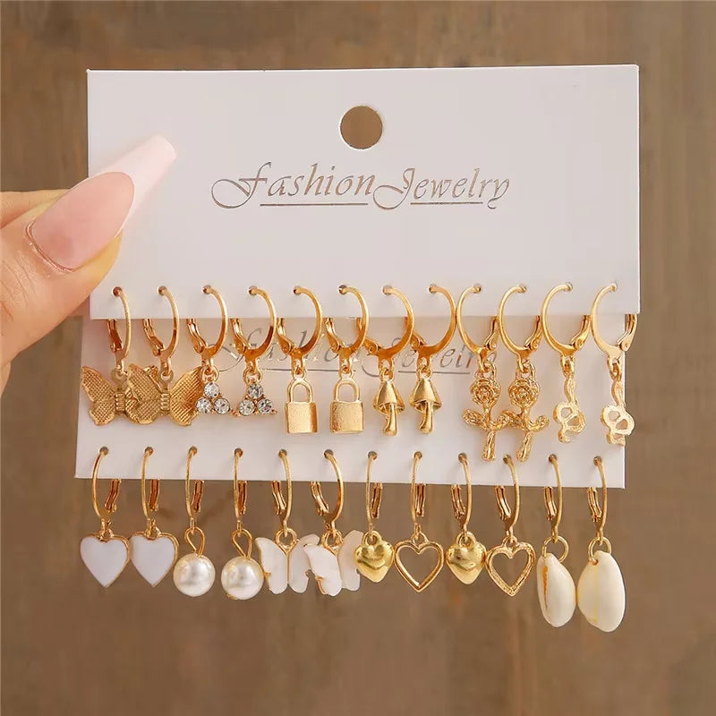 Vintage Geometric Hoop Earrings Set – Pearl Gold Boho Jewelry for Women