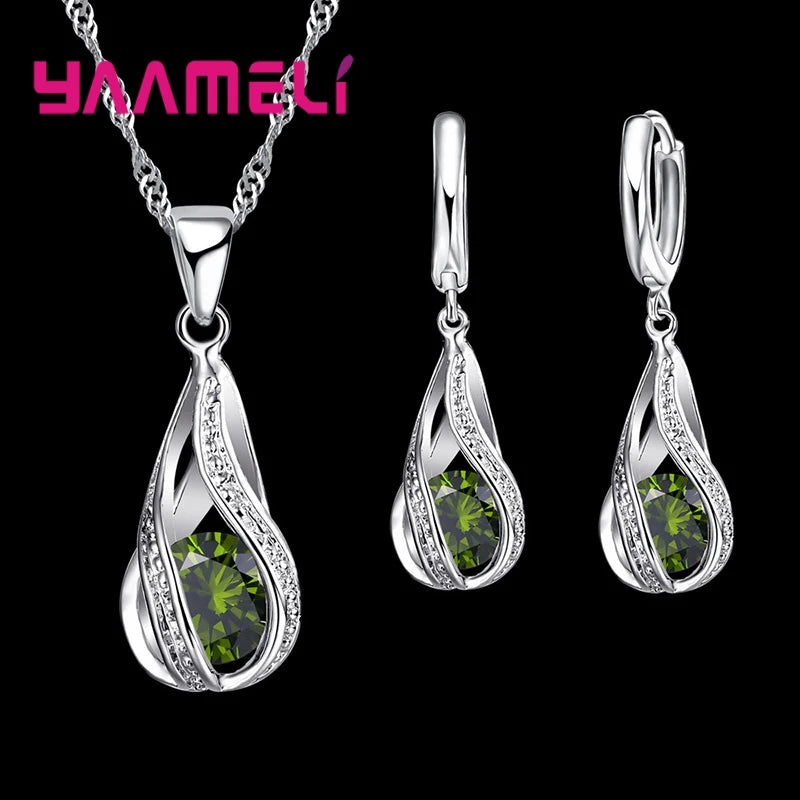 925 Silver Teardrop CZ Jewelry Set – Elegant Necklace & Hoop Earrings for Women