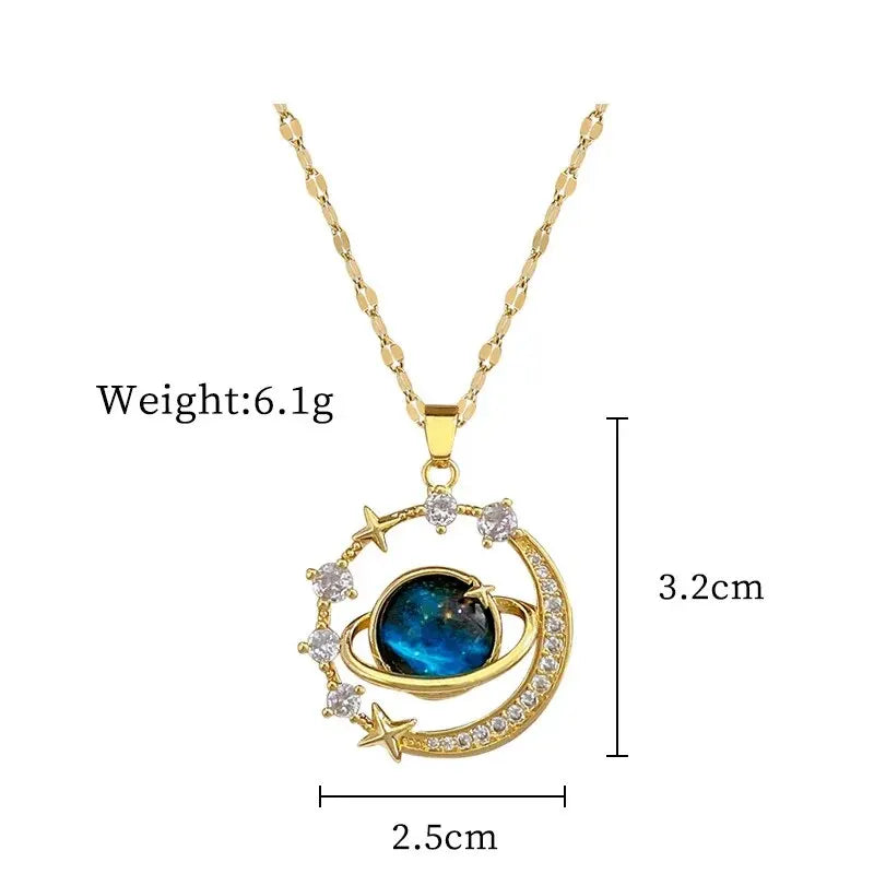 Light Luxury Star Series Necklace for Women – Gold Planet Moon Astronaut Pendant, Titanium Steel Jewelry Gift