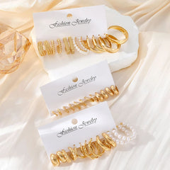Vintage Geometric Hoop Earrings Set – Pearl Gold Boho Jewelry for Women