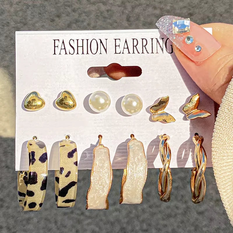Vintage Geometric Hoop Earrings Set – Pearl Gold Boho Jewelry for Women