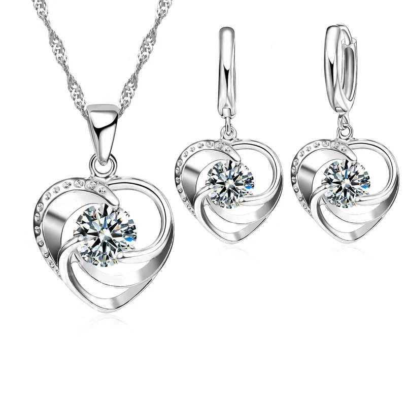 925 Sterling Silver Heart Jewelry Set – Romantic Long Chain Necklace & Earrings for Women
