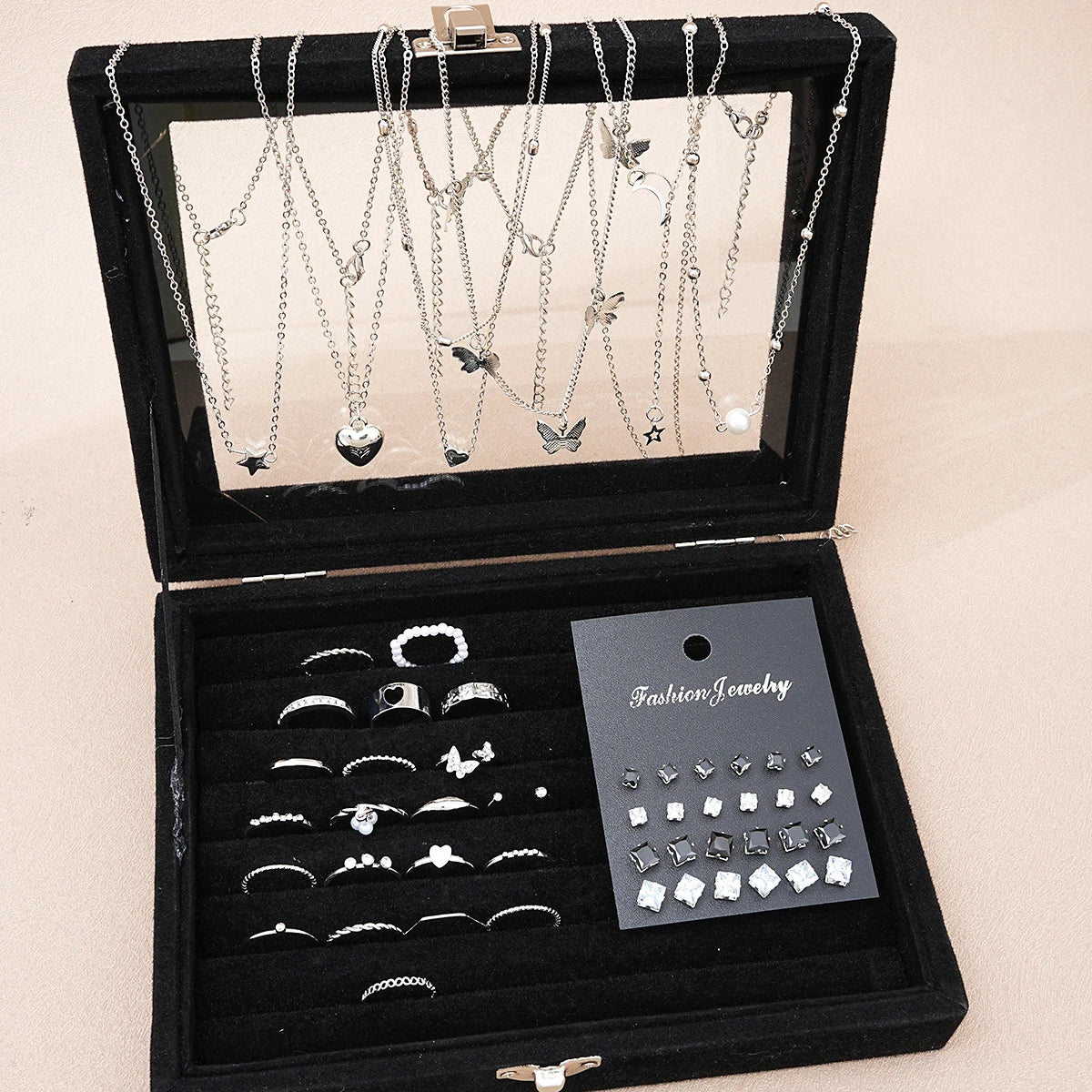 51-Piece Silver Jewelry Set – Butterfly Heart Pearl Necklace, Earrings & Rings for Women