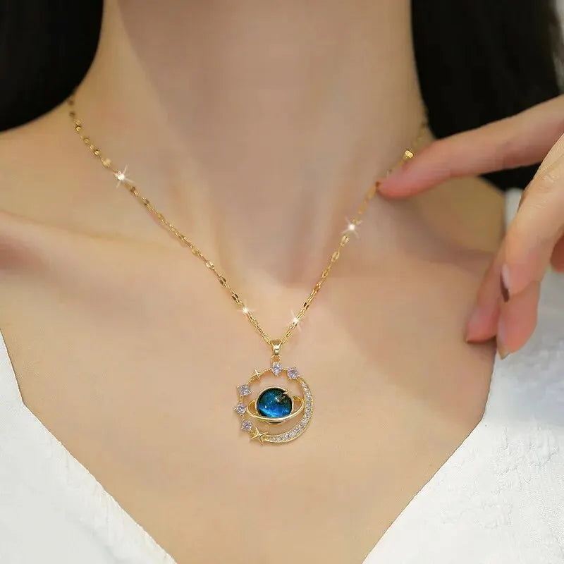 Light Luxury Star Series Necklace for Women – Gold Planet Moon Astronaut Pendant, Titanium Steel Jewelry Gift