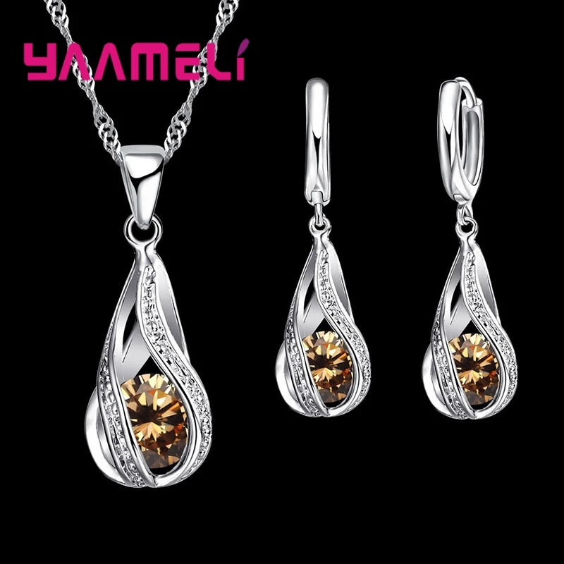 925 Silver Teardrop CZ Jewelry Set – Elegant Necklace & Hoop Earrings for Women