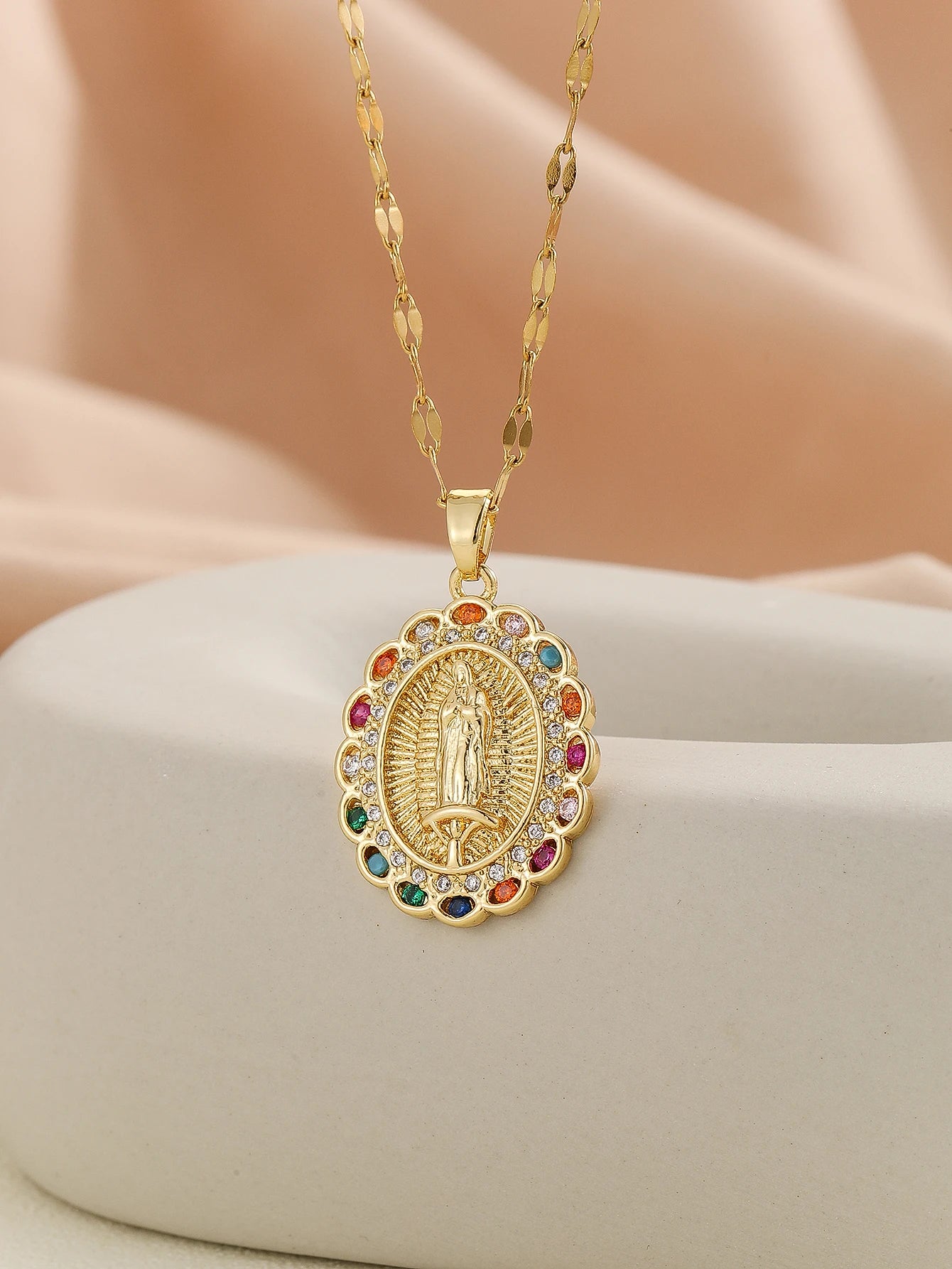 Luxury Zircon Santa Maria Necklace – Colorful Religious Pendant Jewelry