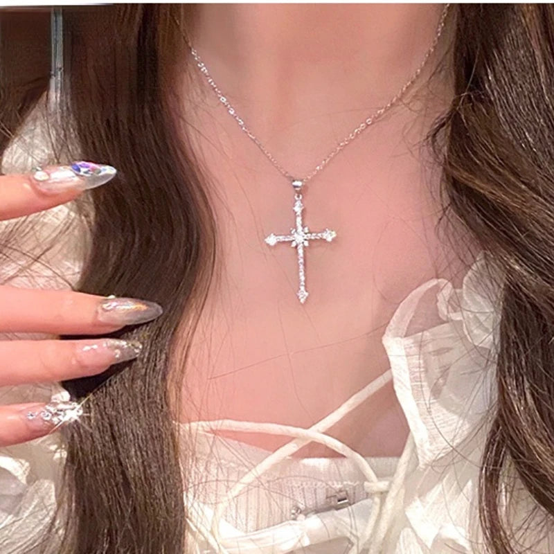 Luxury Crystal Zircon Cross Necklace – Women Punk Style Pendant Jewelry