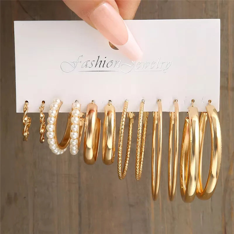 Vintage Geometric Hoop Earrings Set – Pearl Gold Boho Jewelry for Women