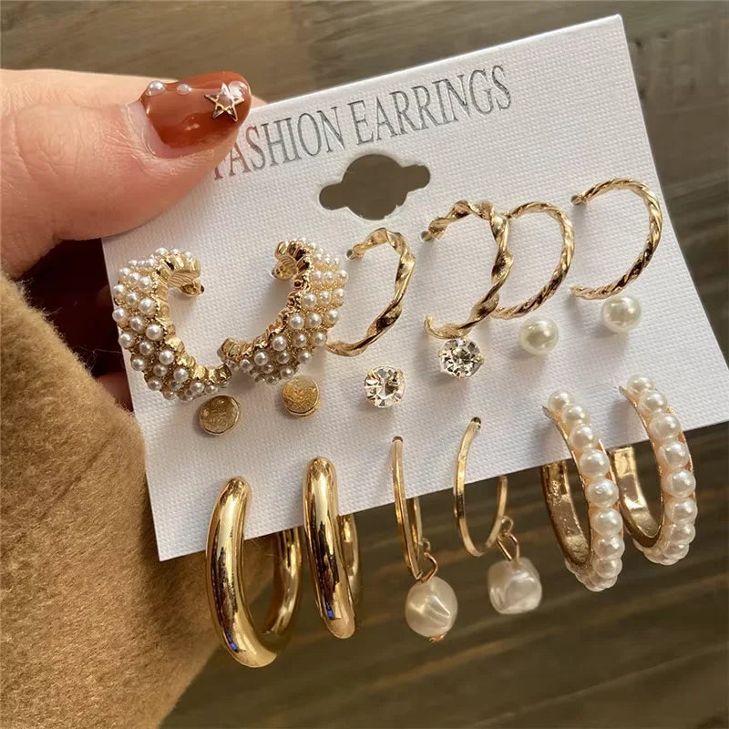 Vintage Geometric Hoop Earrings Set – Pearl Gold Boho Jewelry for Women