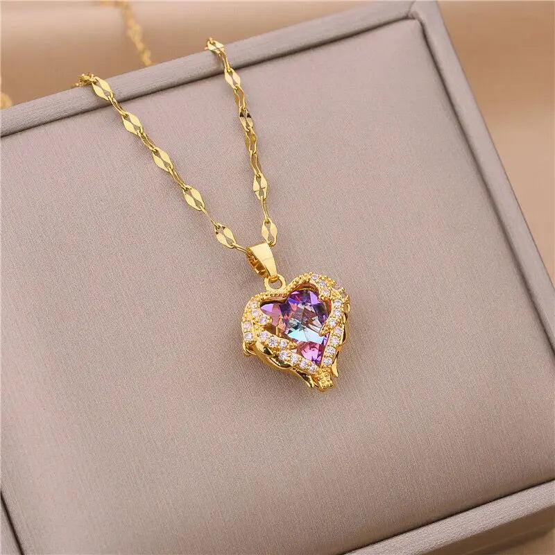 Ocean Heart Crystal Necklace for Women – Colorful Pendant, 316L Stainless Steel