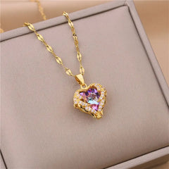 Ocean Heart Crystal Necklace for Women – Colorful Pendant, 316L Stainless Steel