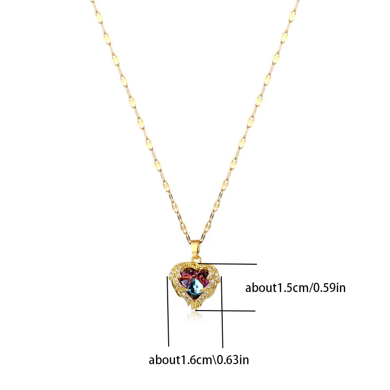 Ocean Heart Crystal Necklace for Women – Colorful Pendant, 316L Stainless Steel